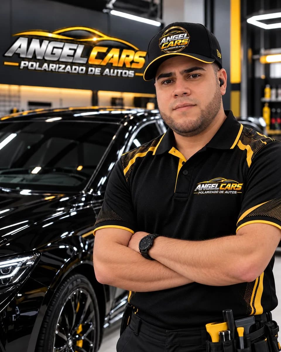 Angel, wearing an Angel Cars uniform with his arms crossed beside a vehicle.
