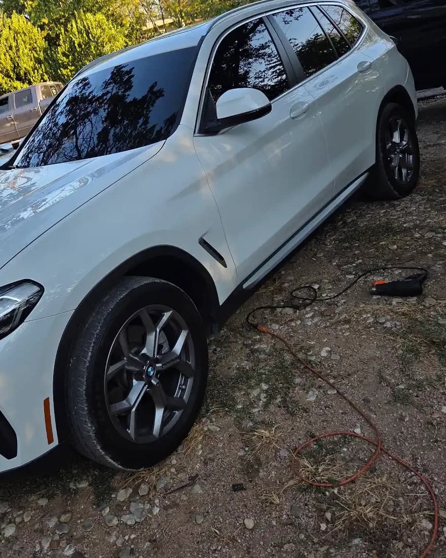 Side view of a white BMW with dark windows reflecting nearby trees.