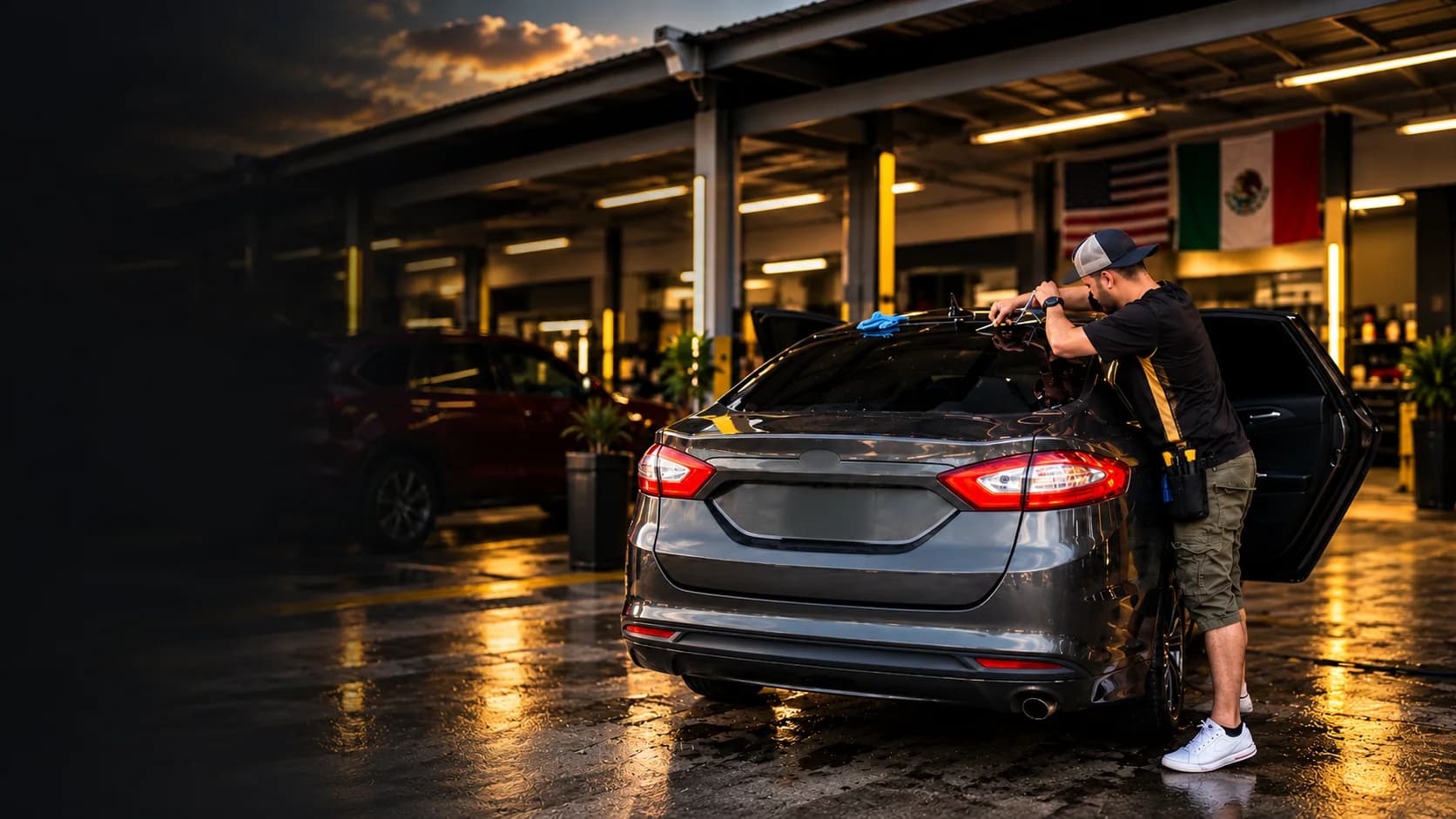 Angel Cars promotional composition: an installer applies window film to a car in a workshop.